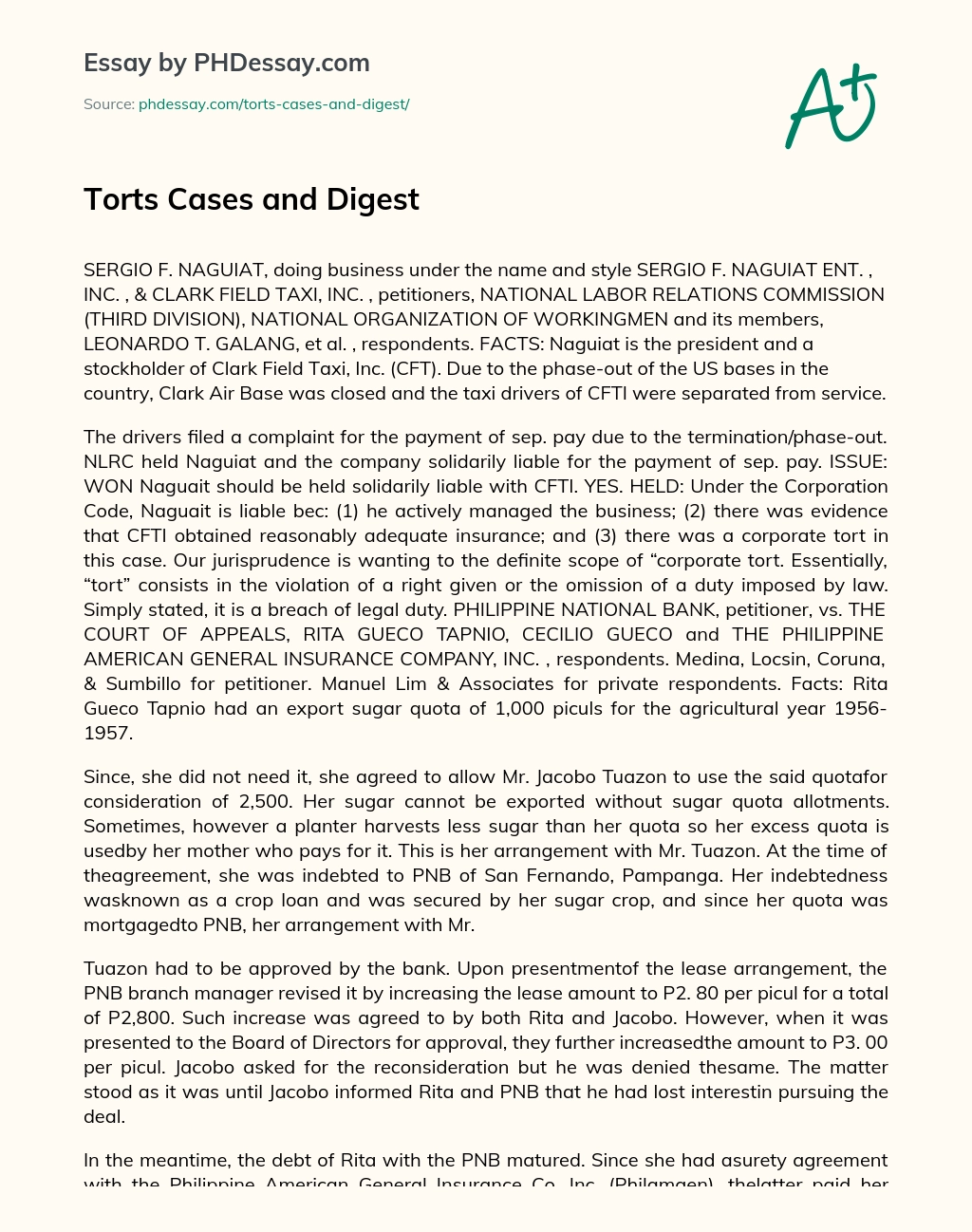 Torts Cases and Digest essay