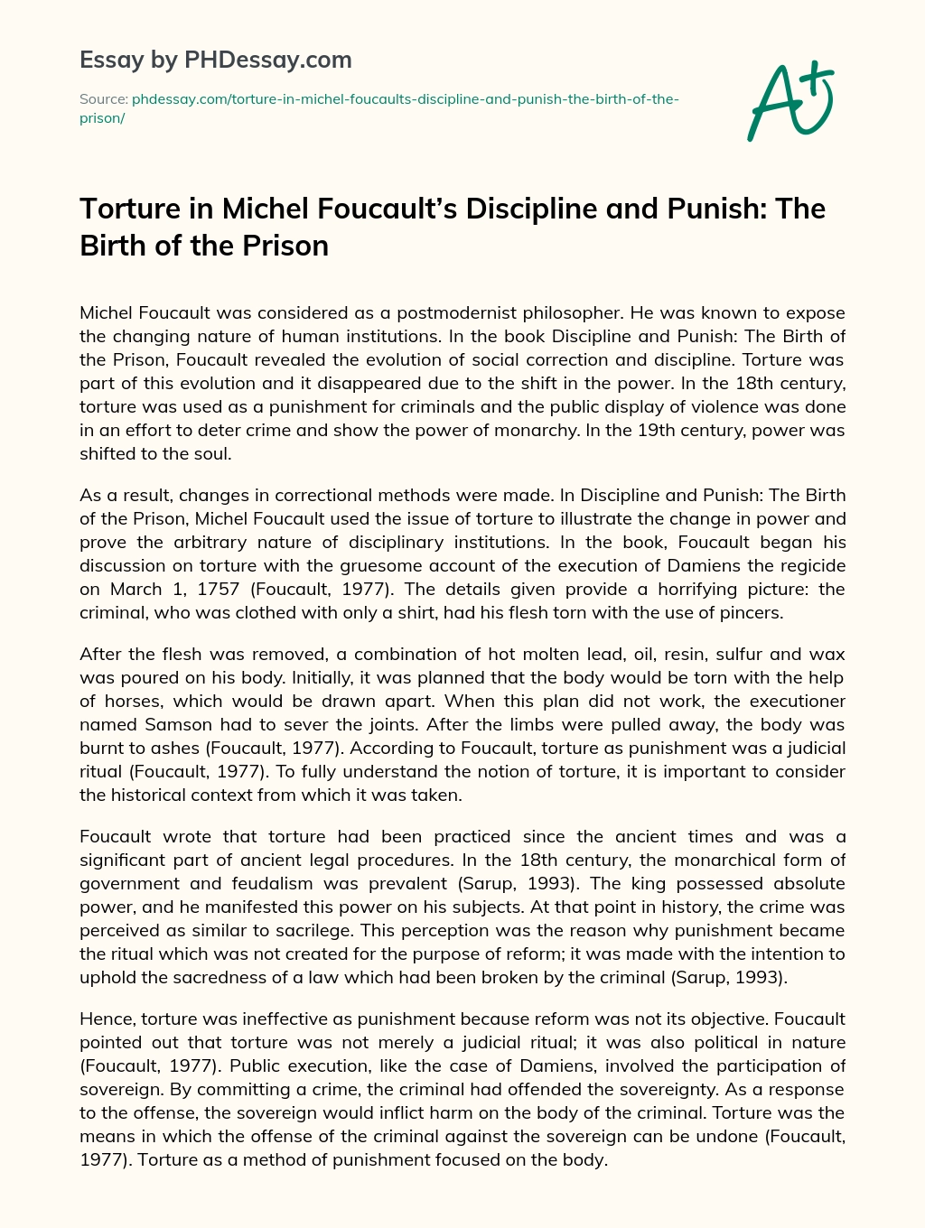 Torture in Michel Foucault’s Discipline and Punish: The Birth of the Prison essay