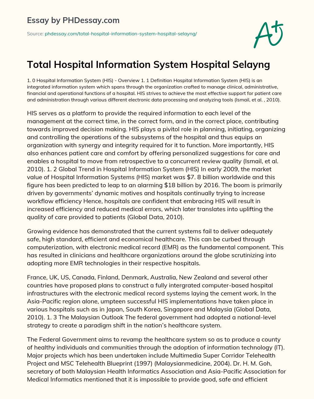 Total Hospital Information System Hospital Selayng essay