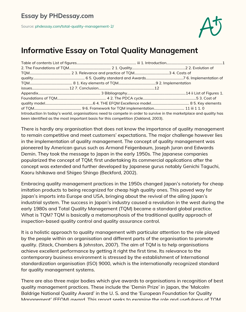 Реферат: Tqm Essay Research Paper TQM in FoodserviceIntroductionOne