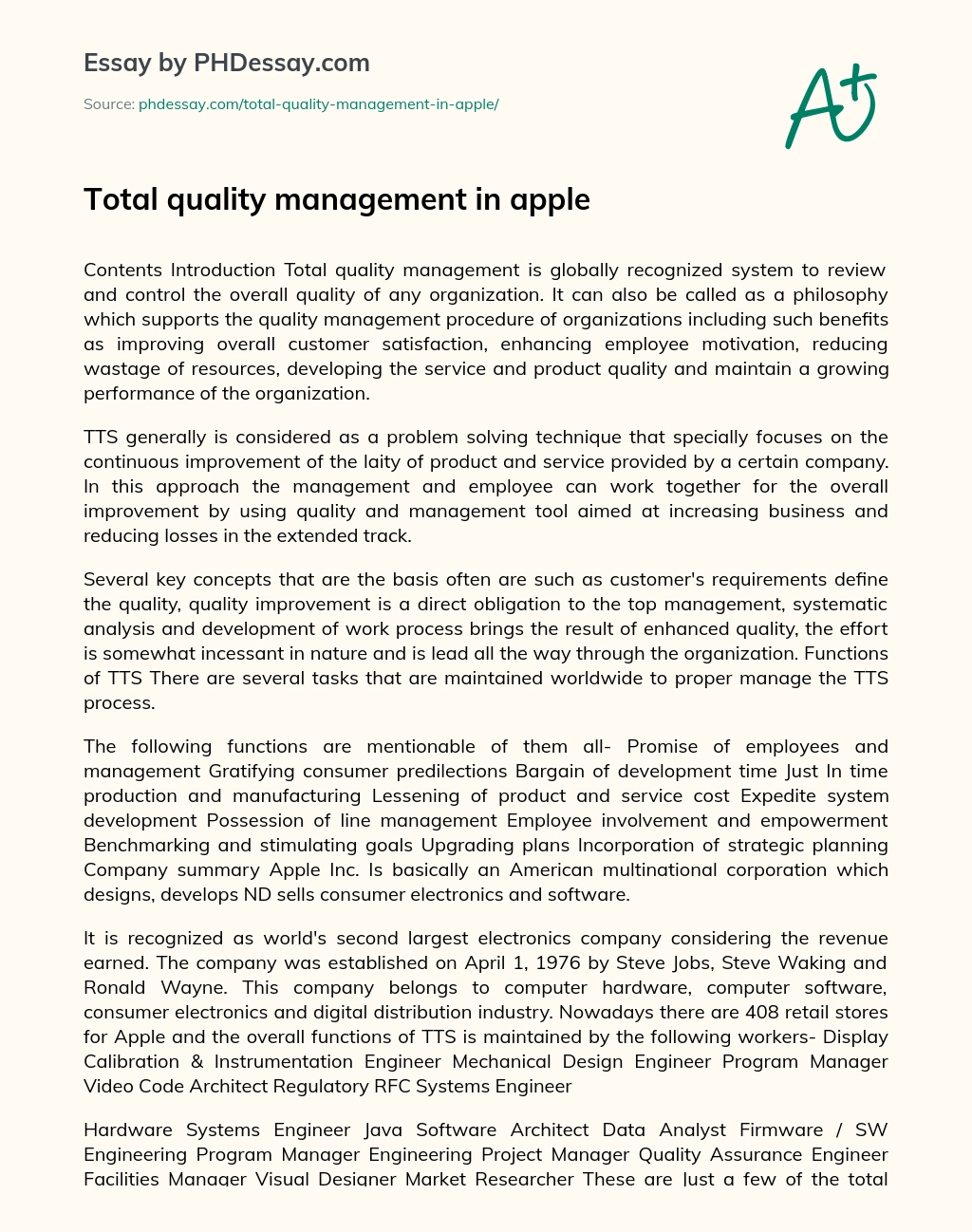 Total Quality Management in Apple essay