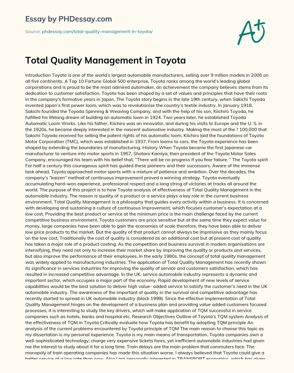 Total Quality Management in Toyota essay