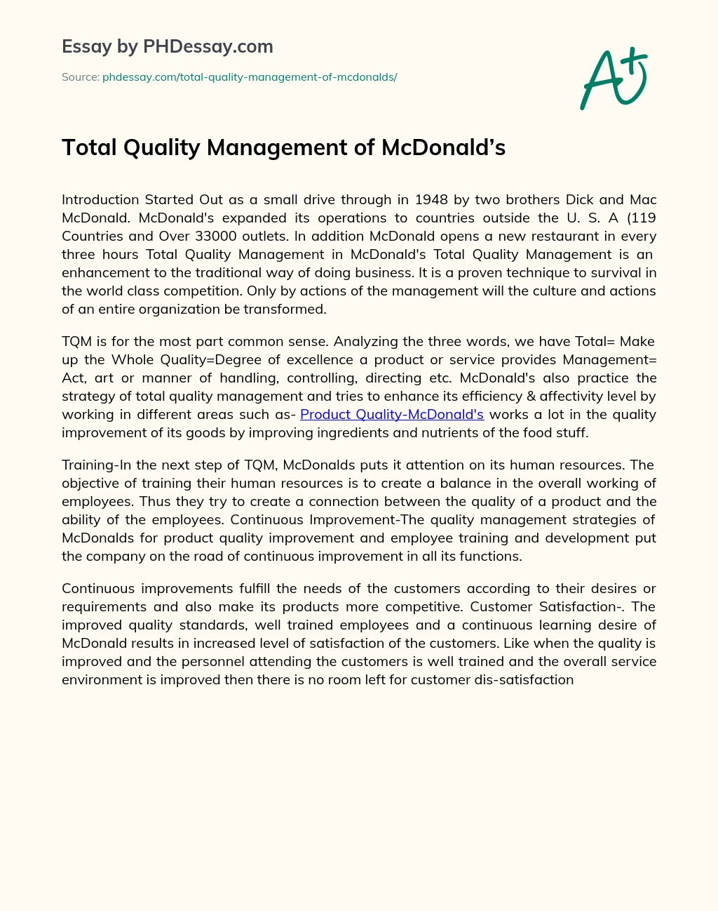 Total Quality Management of McDonald’s essay
