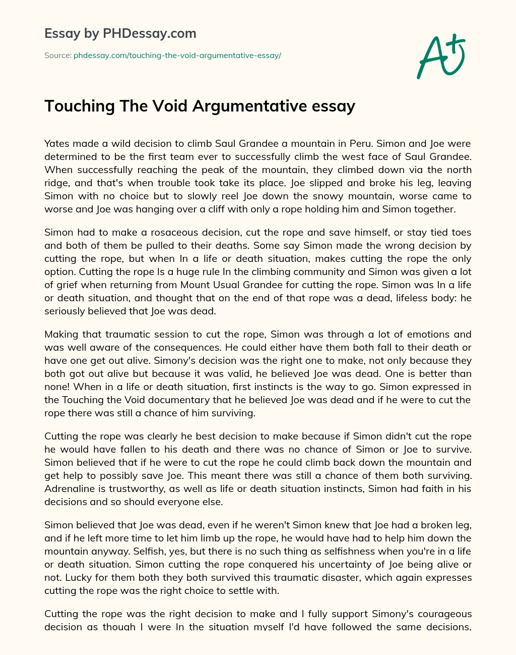 Touching The Void Argumentative essay essay