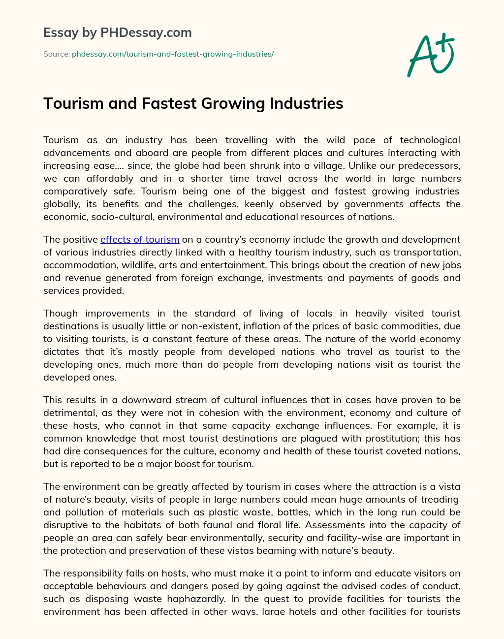 Tourism and Fastest Growing Industries essay