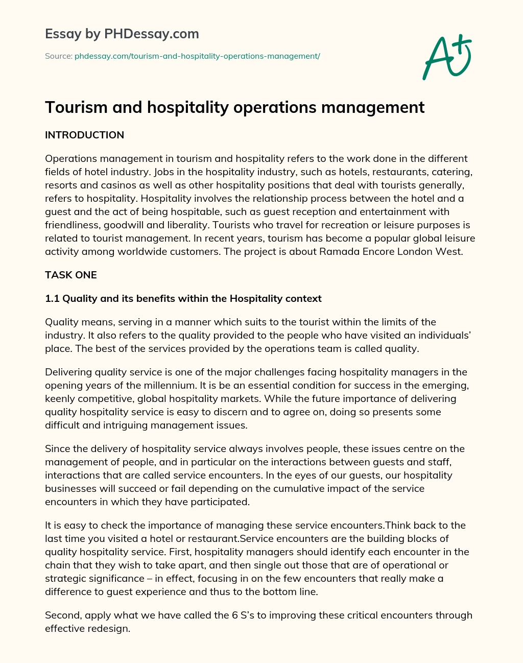 Tourism and hospitality operations management essay