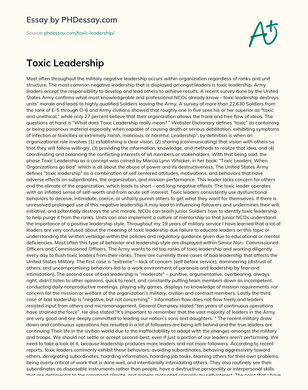 Toxic Leadership essay