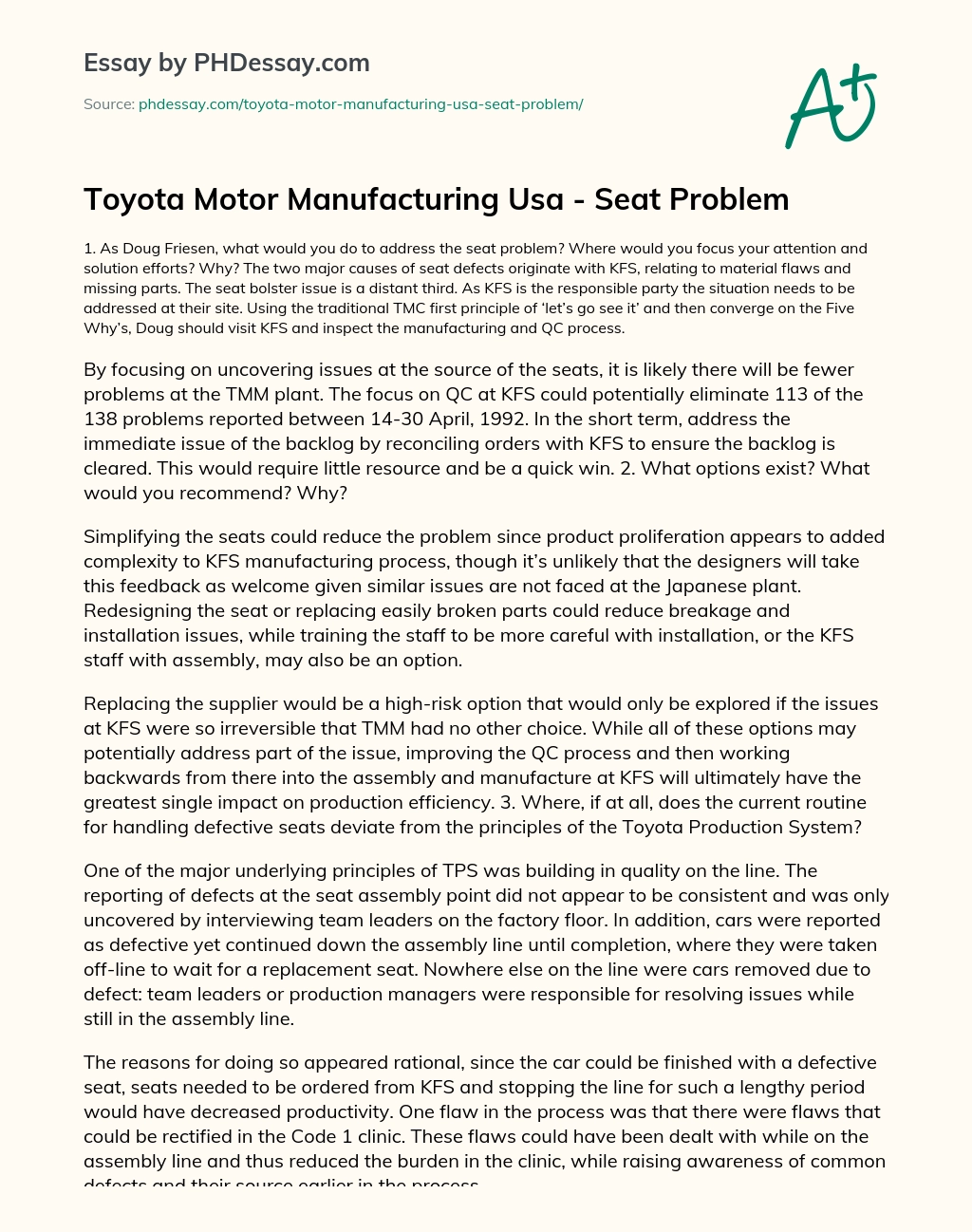 Toyota Motor Manufacturing Usa – Seat Problem essay
