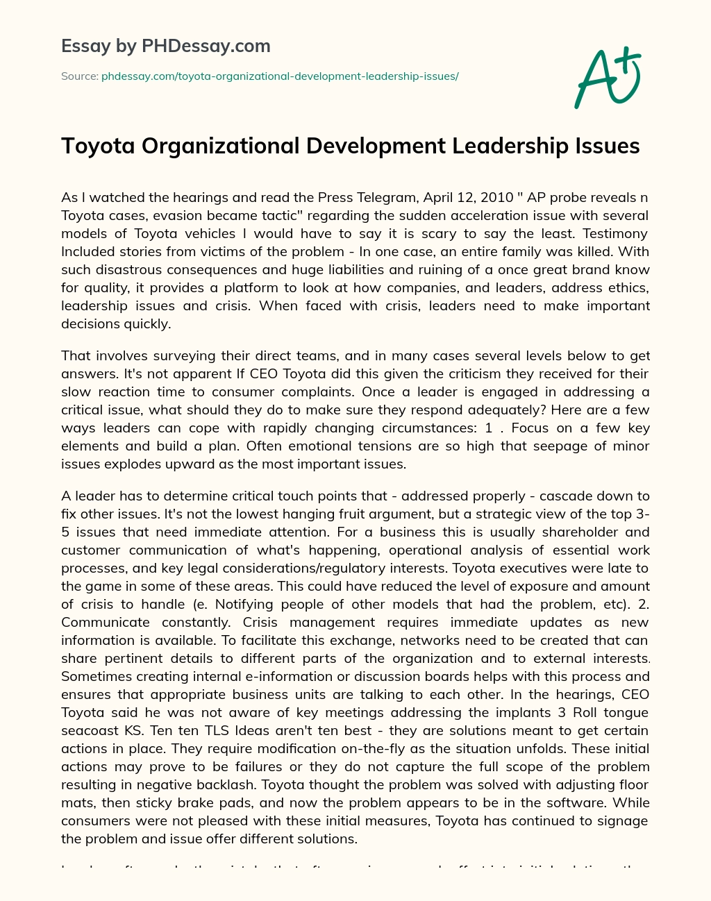 Toyota Organizational Development Leadership Issues essay