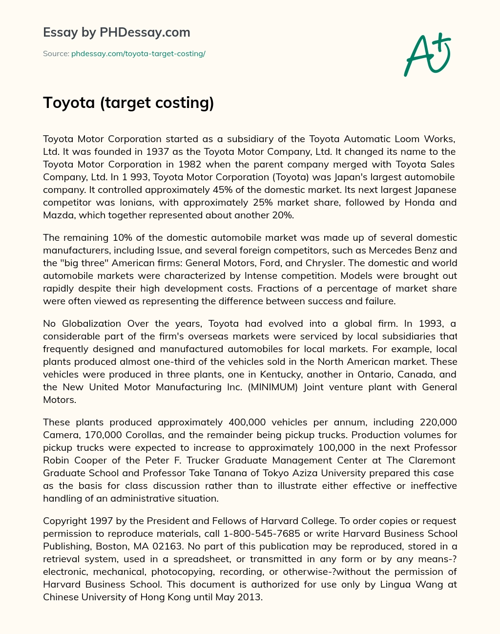 Toyota (target costing) essay