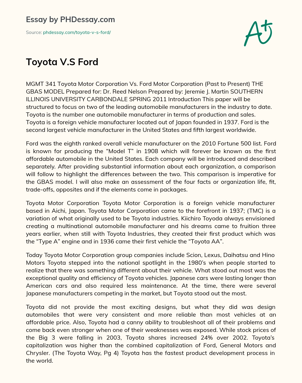 Toyota V.S Ford essay
