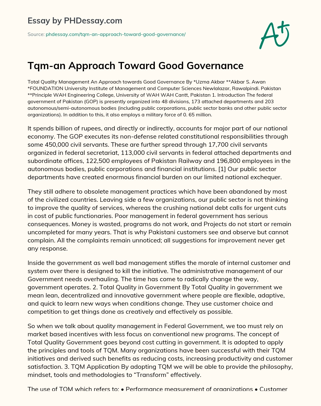 Tqm-an Approach Toward Good Governance essay
