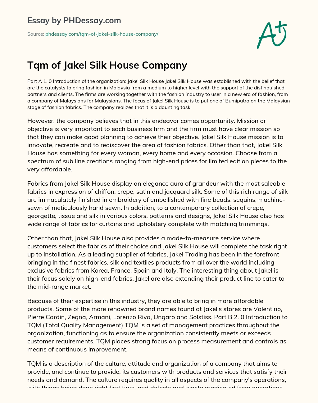 Tqm of Jakel Silk House Company essay