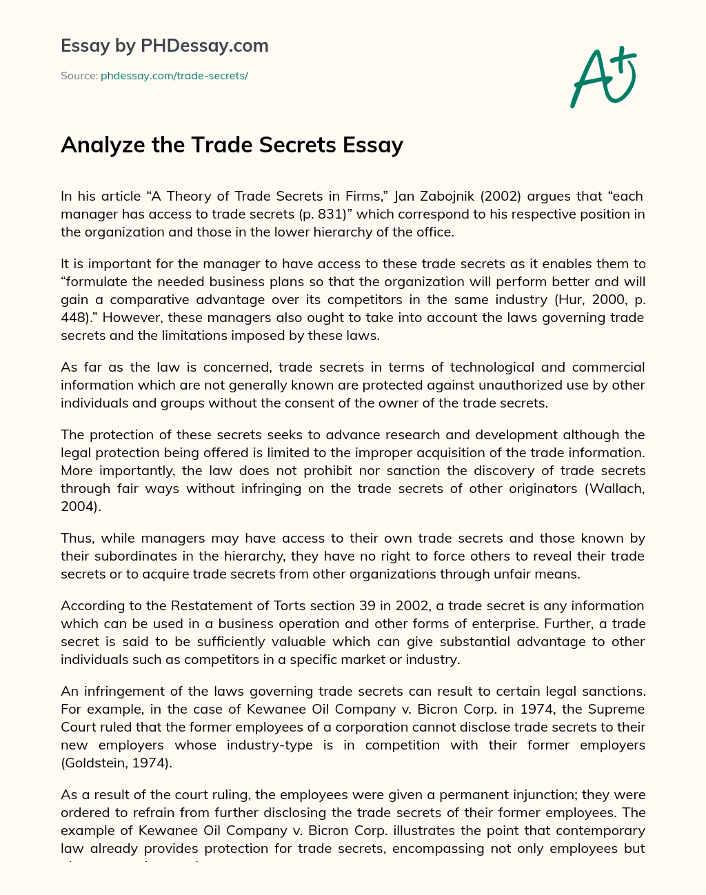 Trade Secrets in Firms: Balancing Access and Legal Protection essay