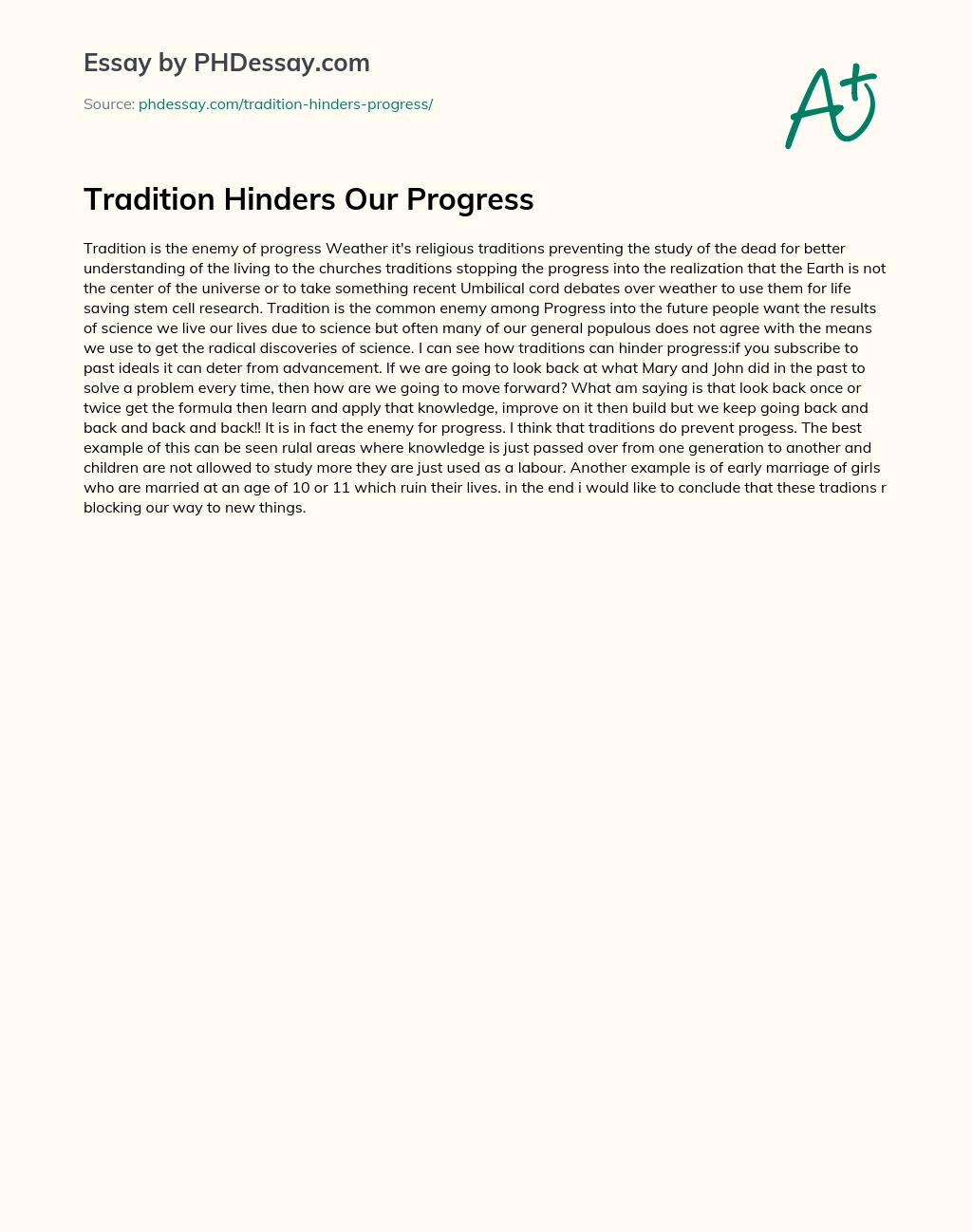 Tradition Hinders Our Progress essay