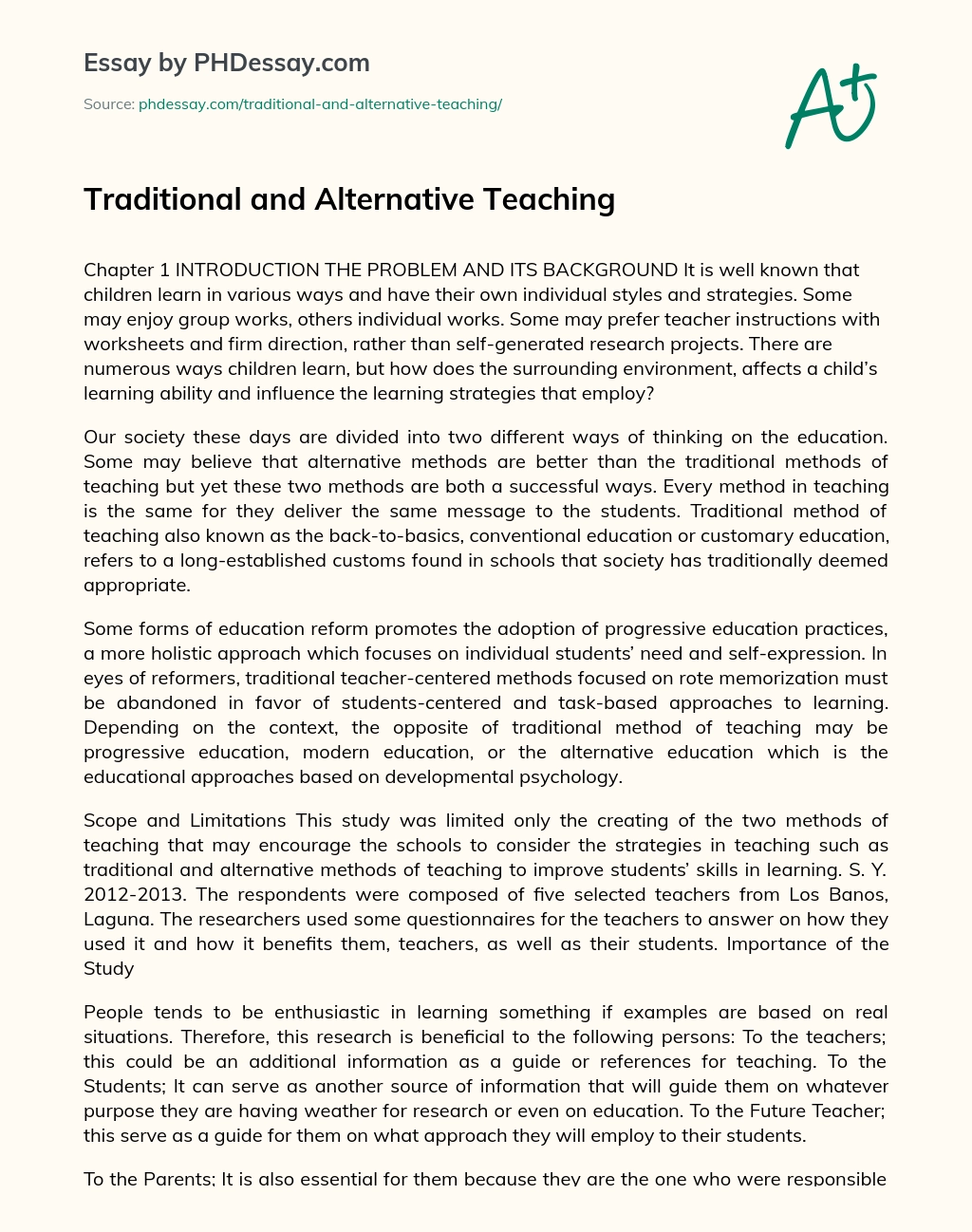 Traditional and Alternative Teaching essay