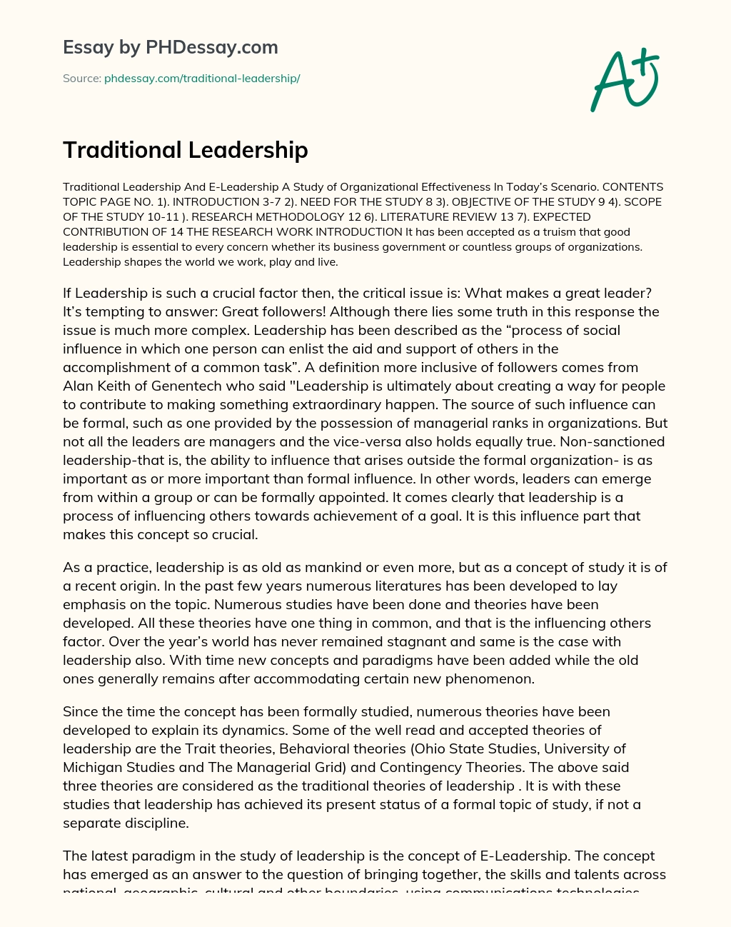 Traditional Leadership essay
