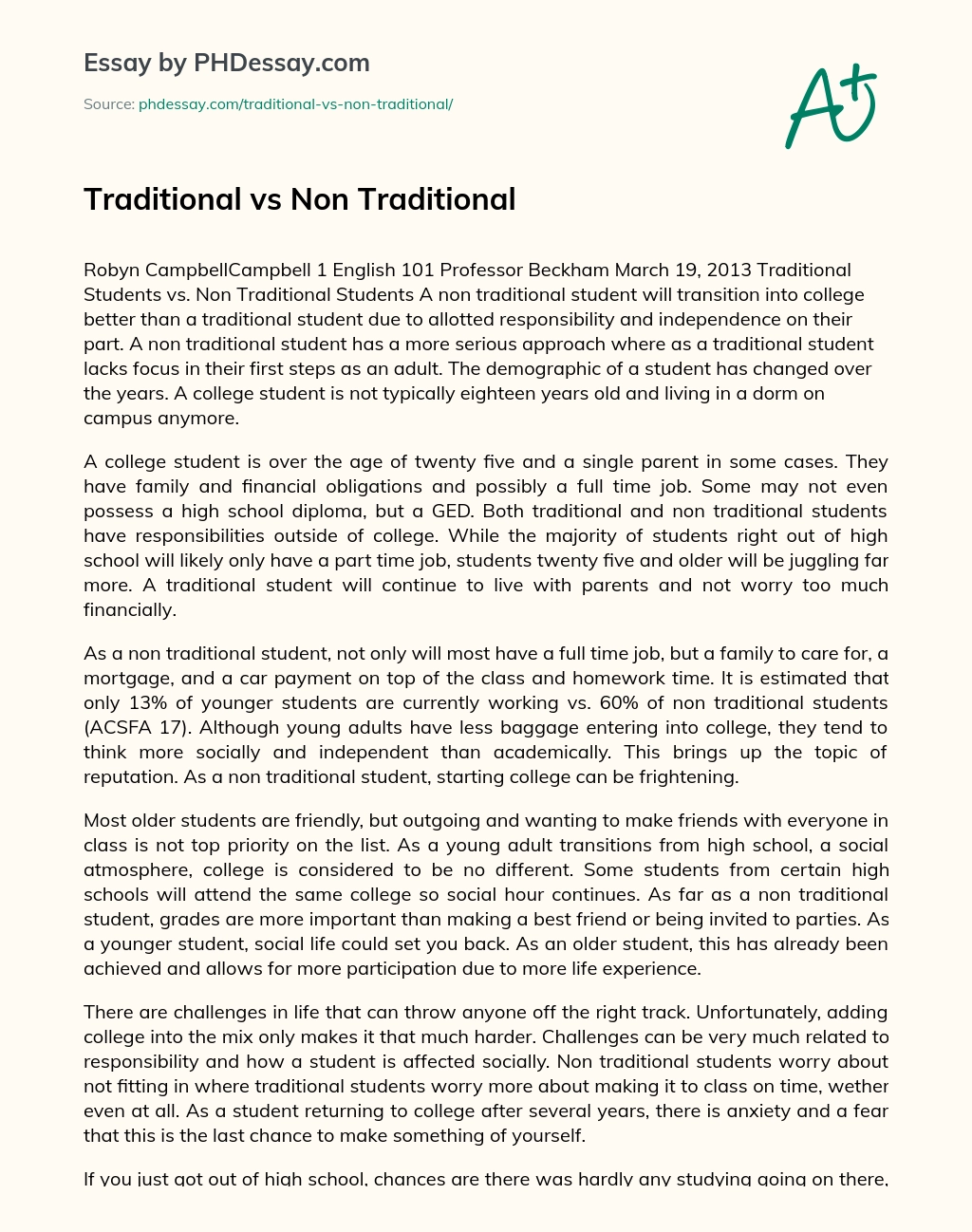 Traditional vs Non Traditional essay