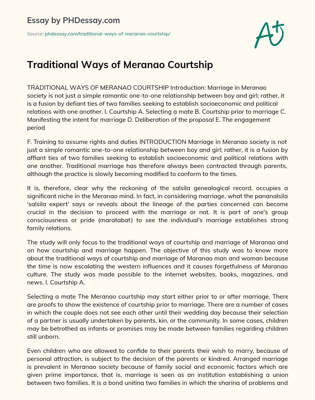 Traditional Ways of Meranao Courtship essay