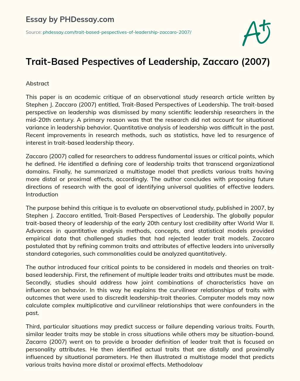 Trait-Based Pespectives of Leadership, Zaccaro (2007) essay
