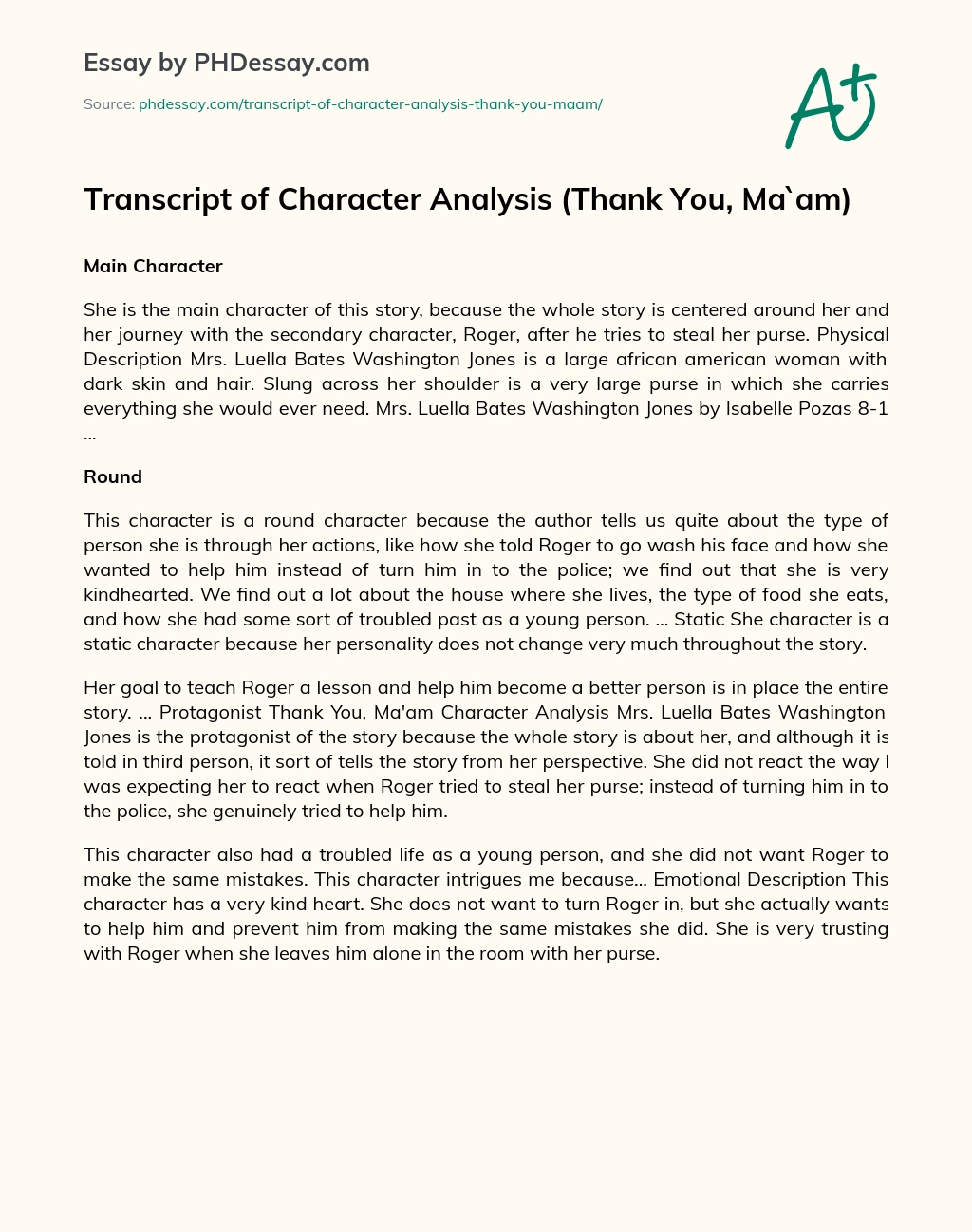 Transcript of Character Analysis (Thank You, Ma`am) essay