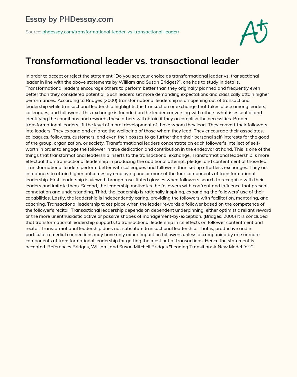 Transformational leader vs. transactional leader essay