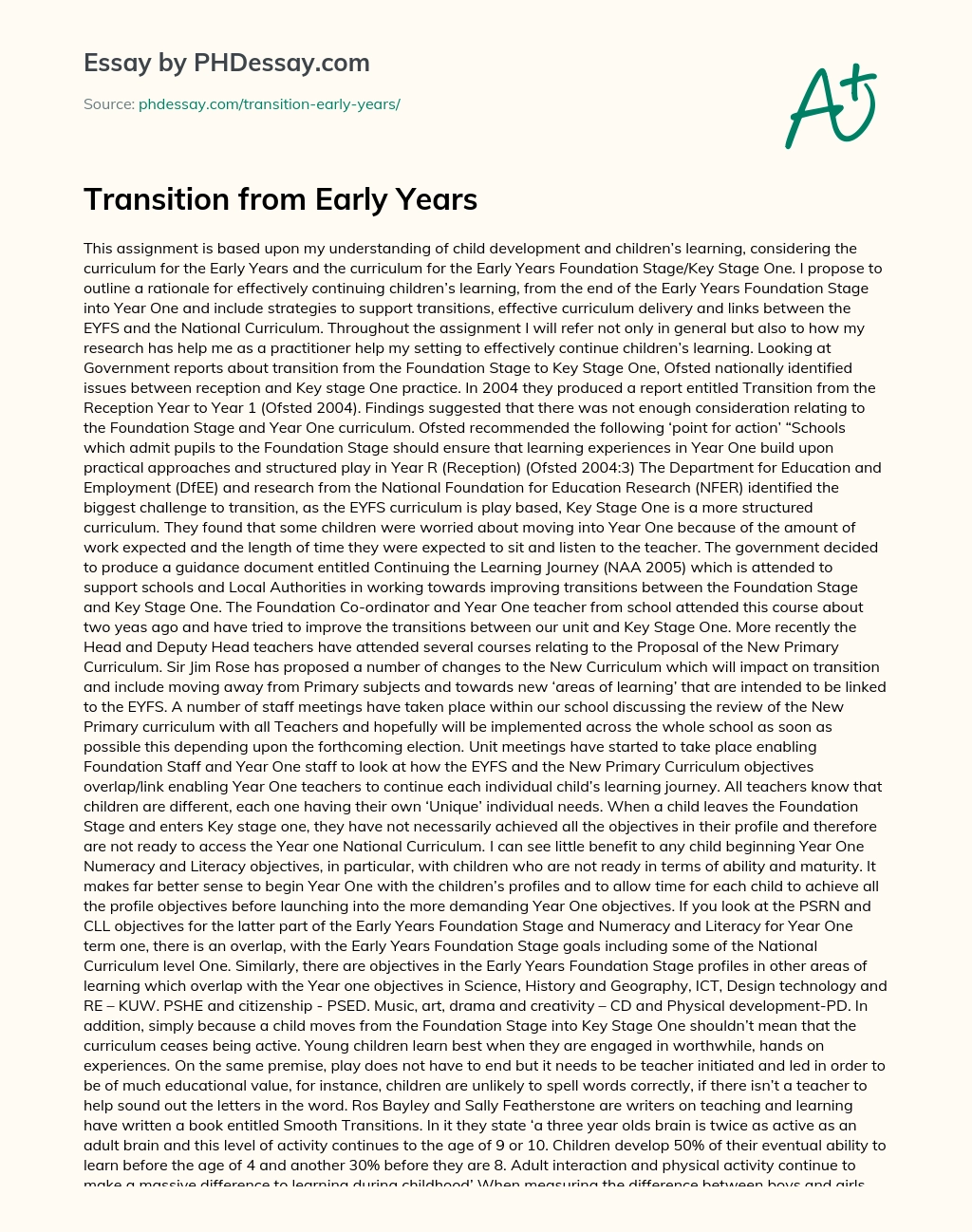 Transition from Early Years essay
