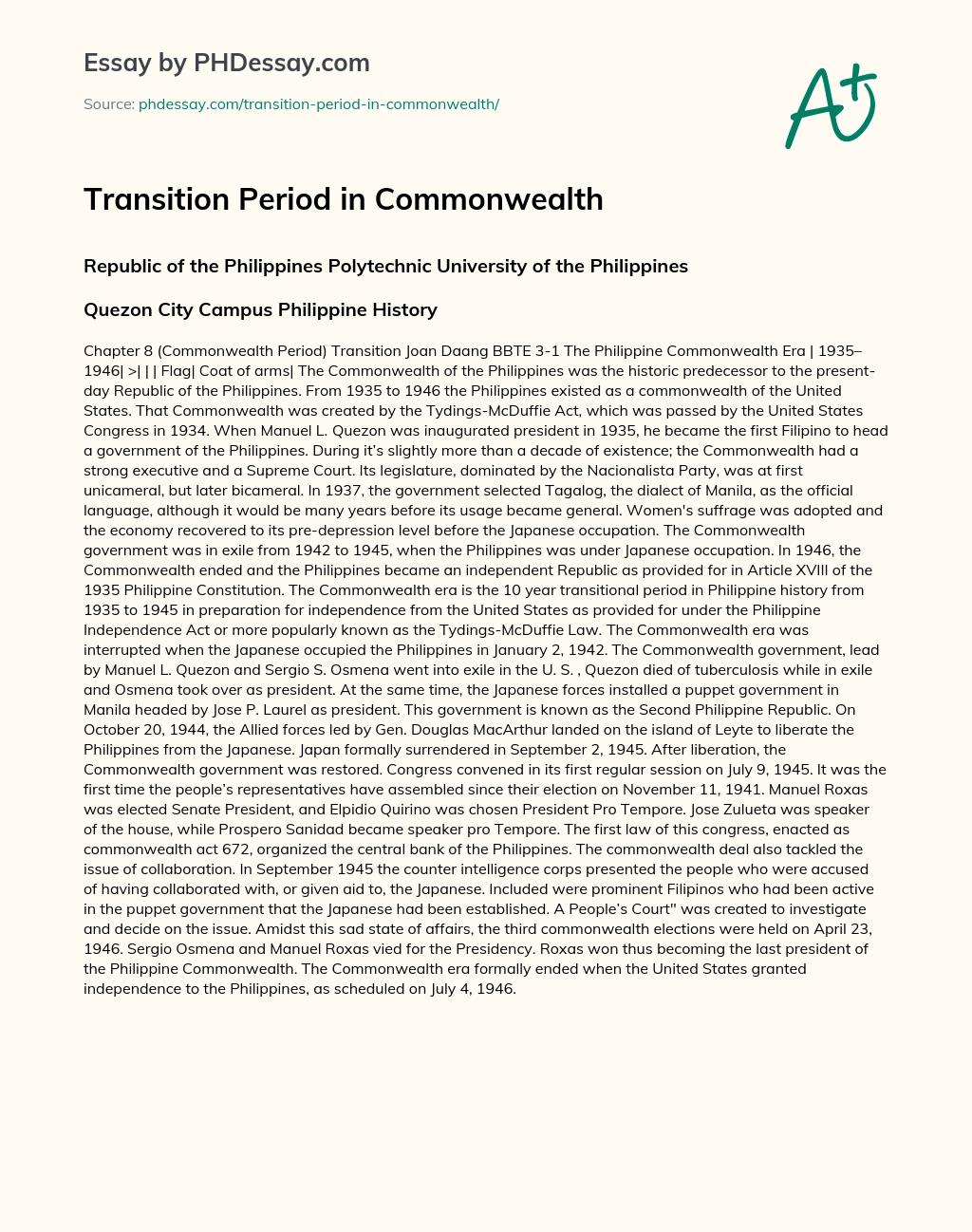 Transition Period in Commonwealth essay
