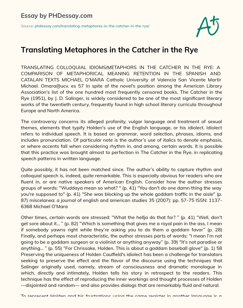 Translating Metaphores in the Catcher in the Rye essay