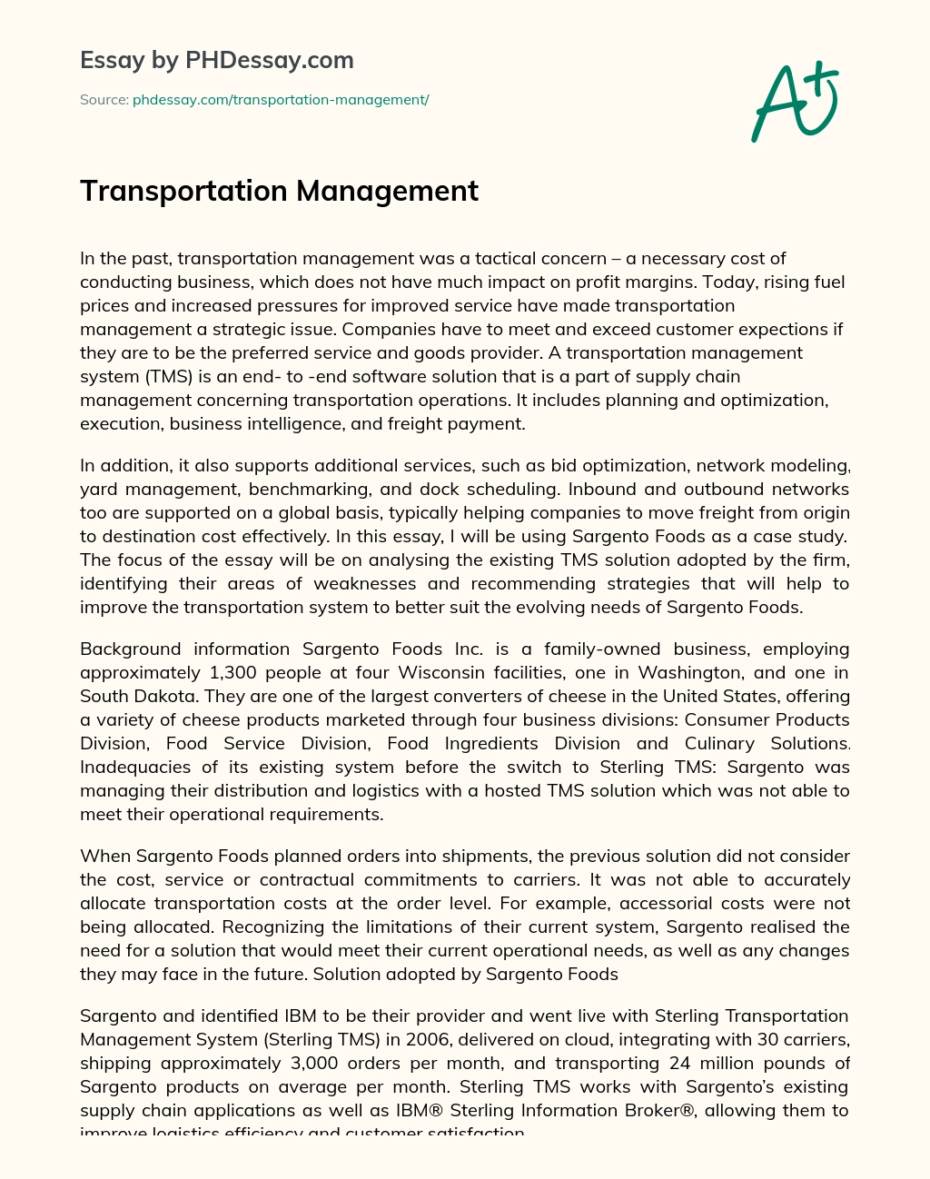 Transportation Management essay
