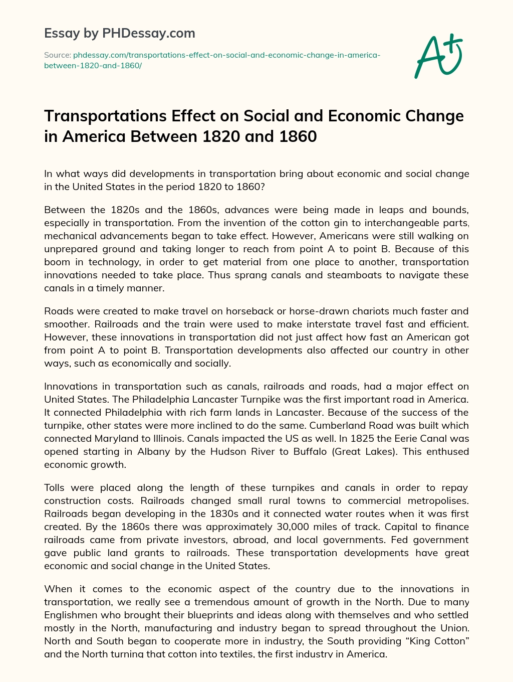 Transportations Effect on Social and Economic Change in America Between 1820 and 1860 essay