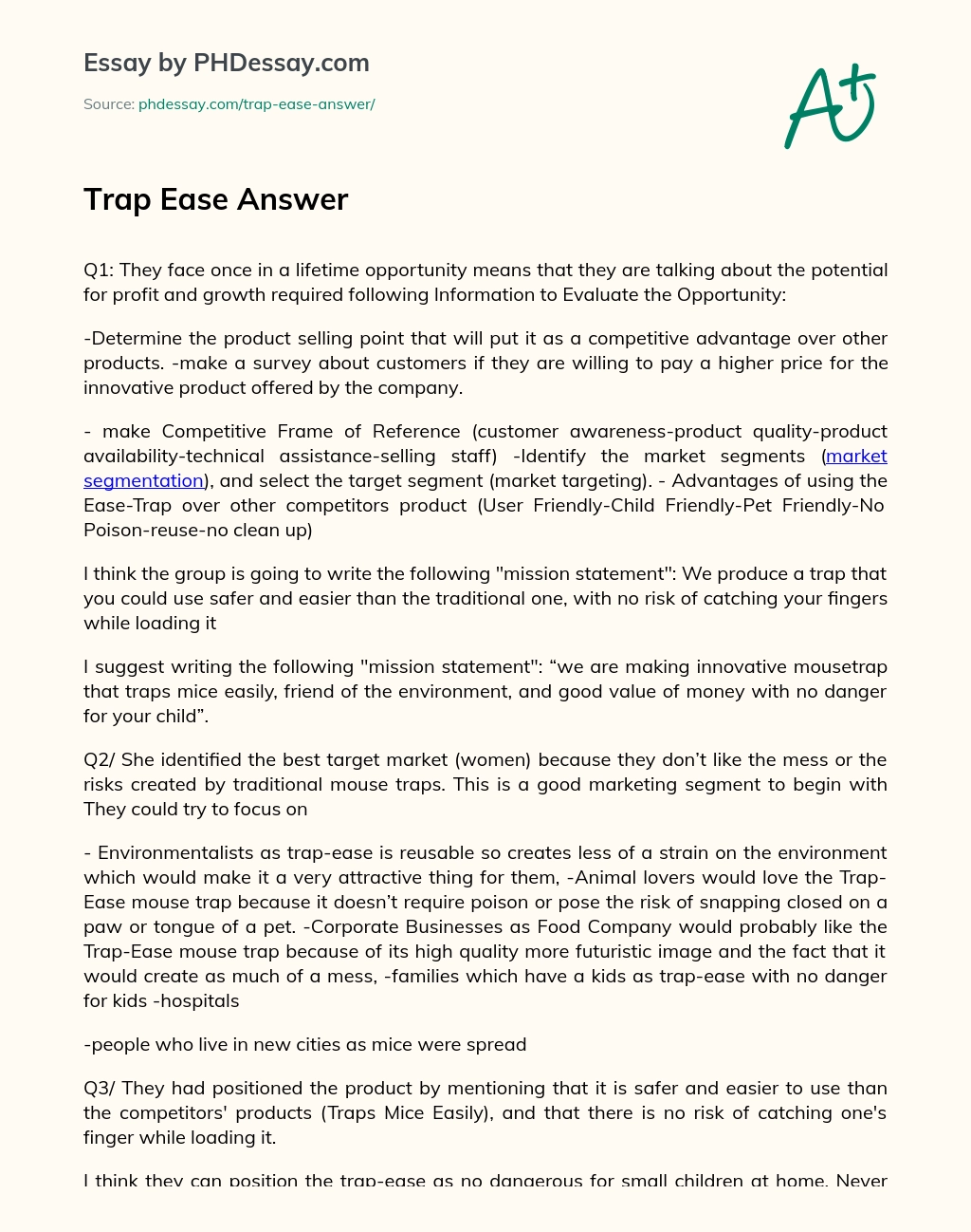 Trap Ease Answer essay