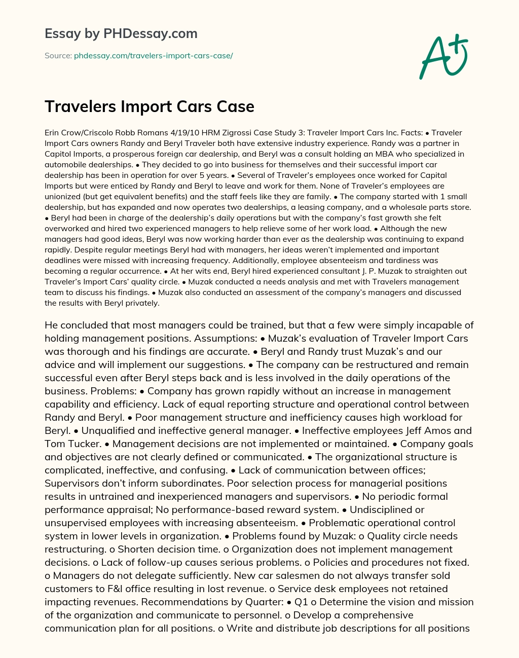 Travelers Import Cars Case essay