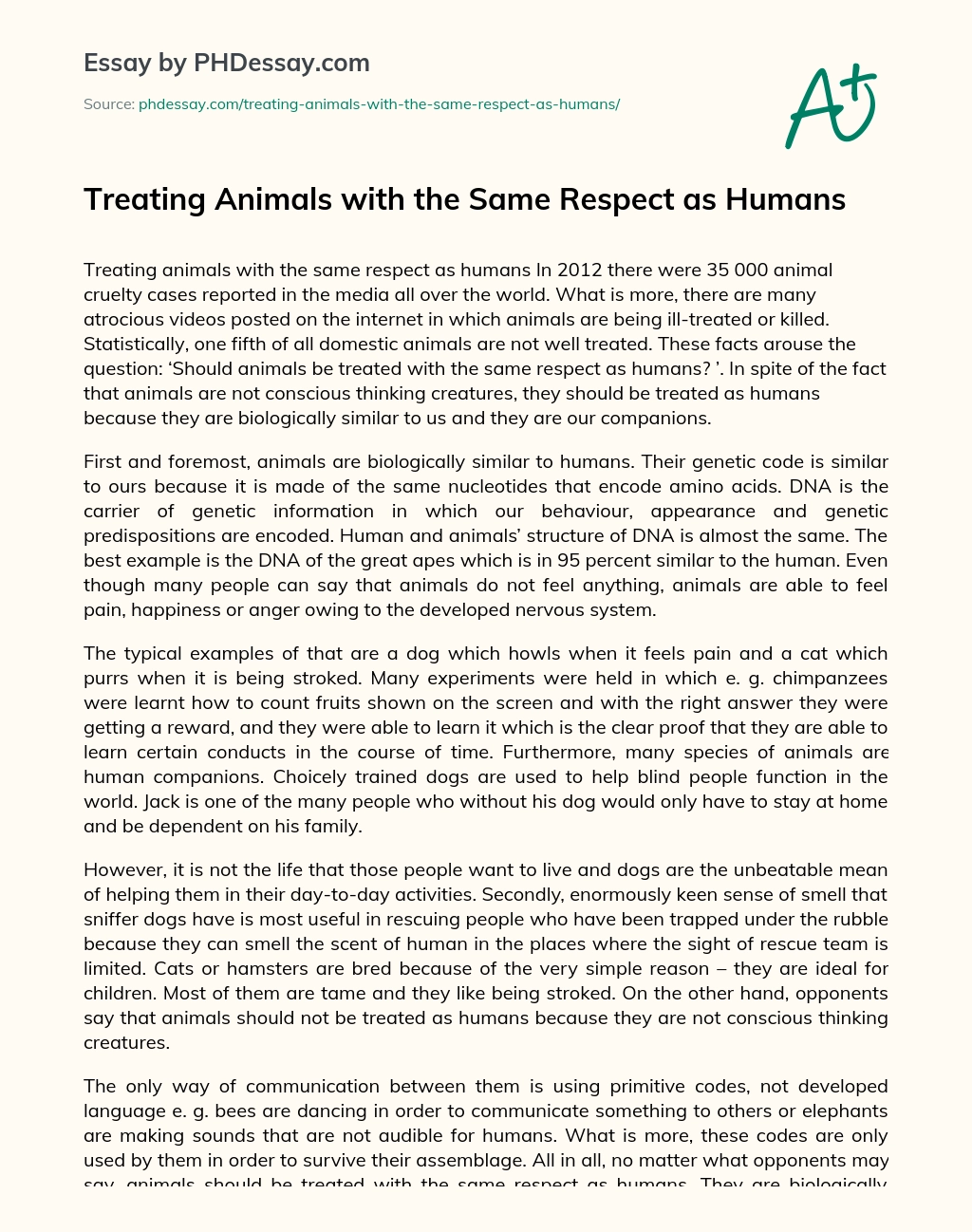 Treating Animals With The Same Respect As Humans Essay Example (600 Words)  