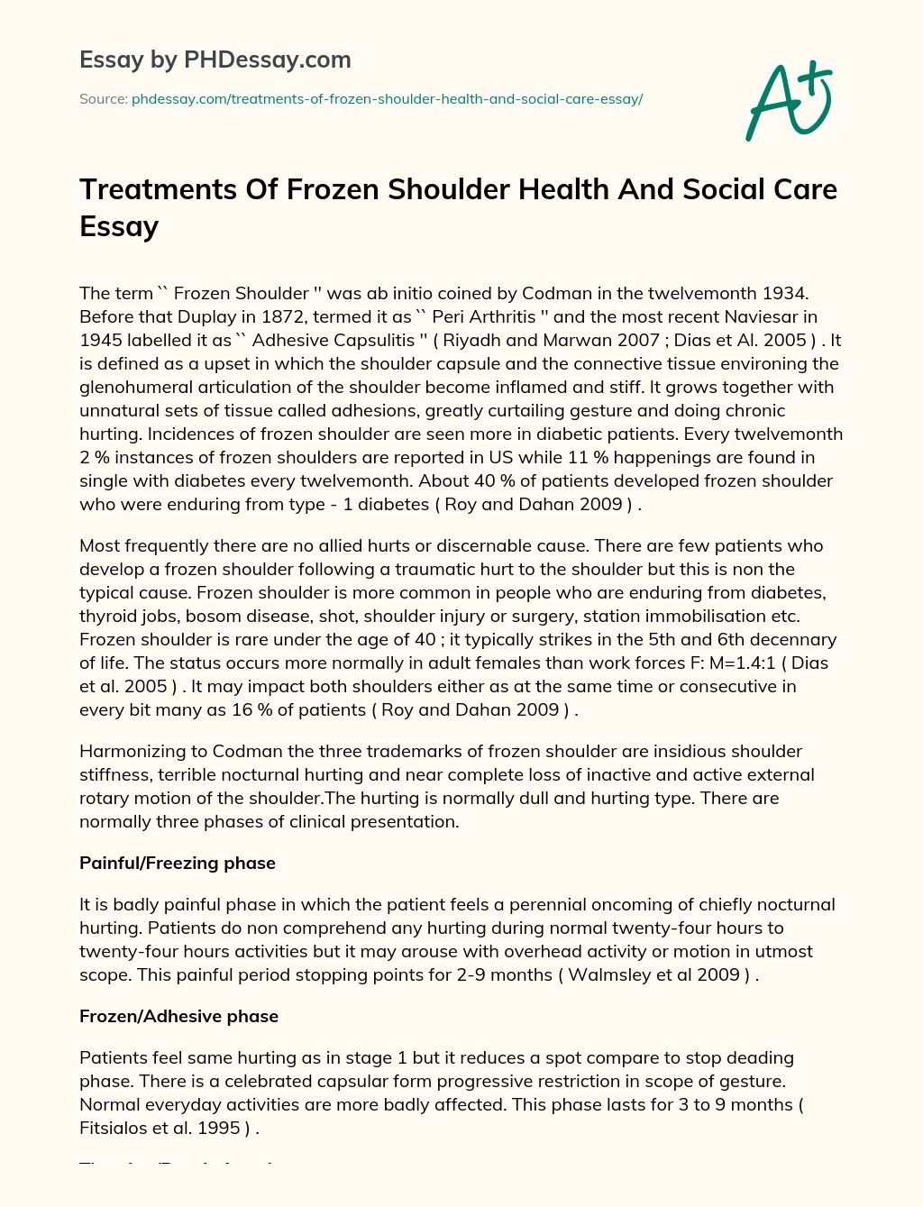 Treatments Of Frozen Shoulder Health And Social Care Essay essay