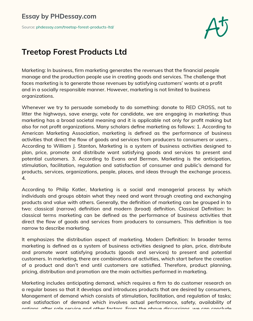 Treetop Forest Products Ltd essay