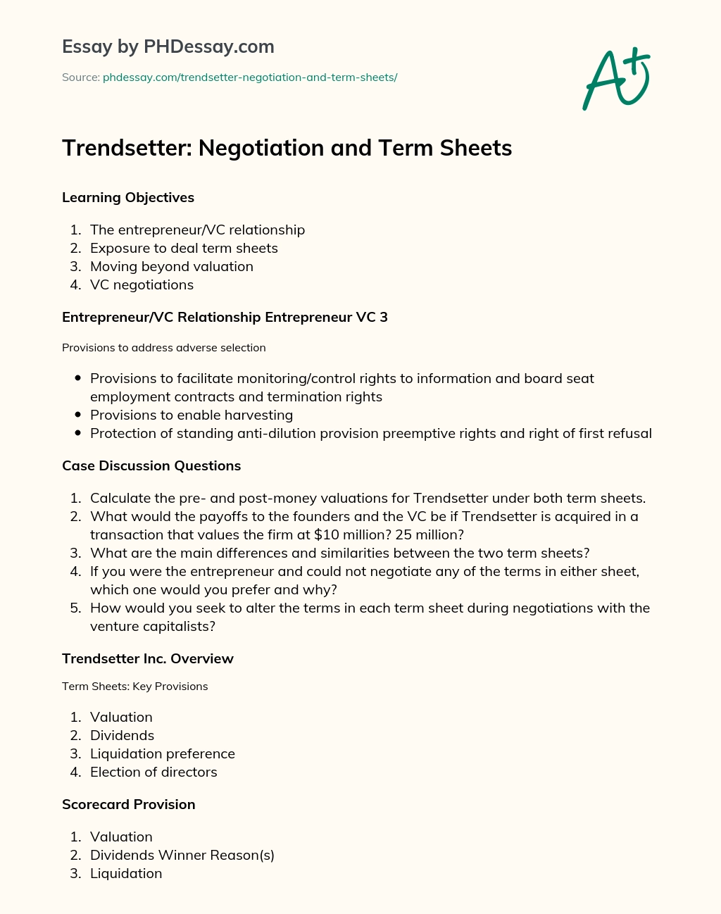 Trendsetter: Negotiation and Term Sheets essay
