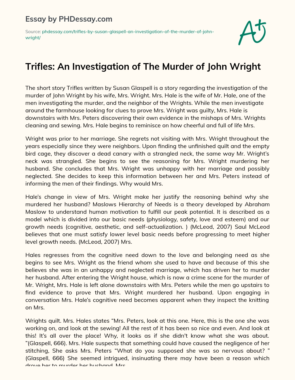 Trifles: An Investigation of The Murder of John Wright essay