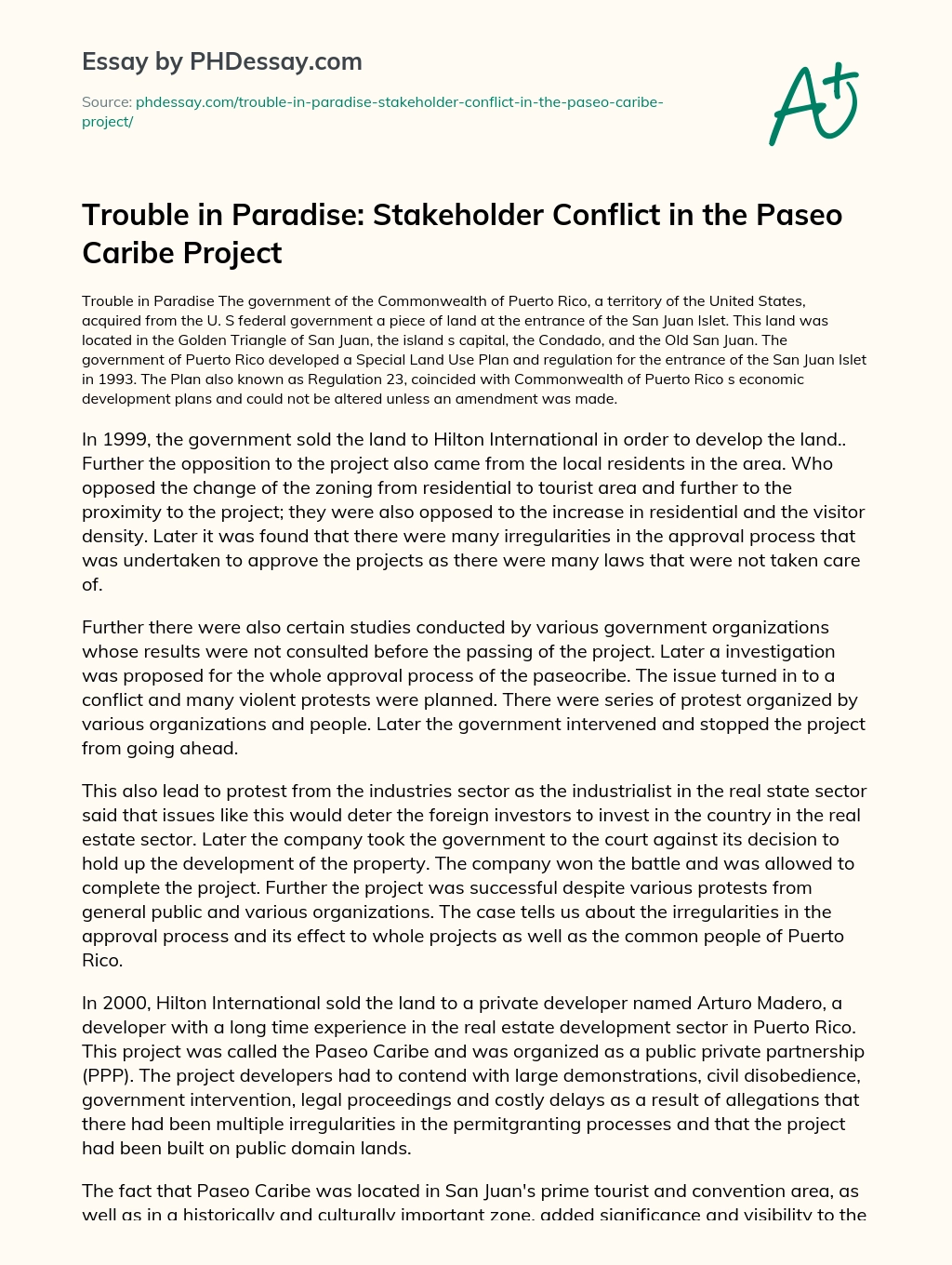 Trouble in Paradise: Stakeholder Conflict in the Paseo Caribe Project essay