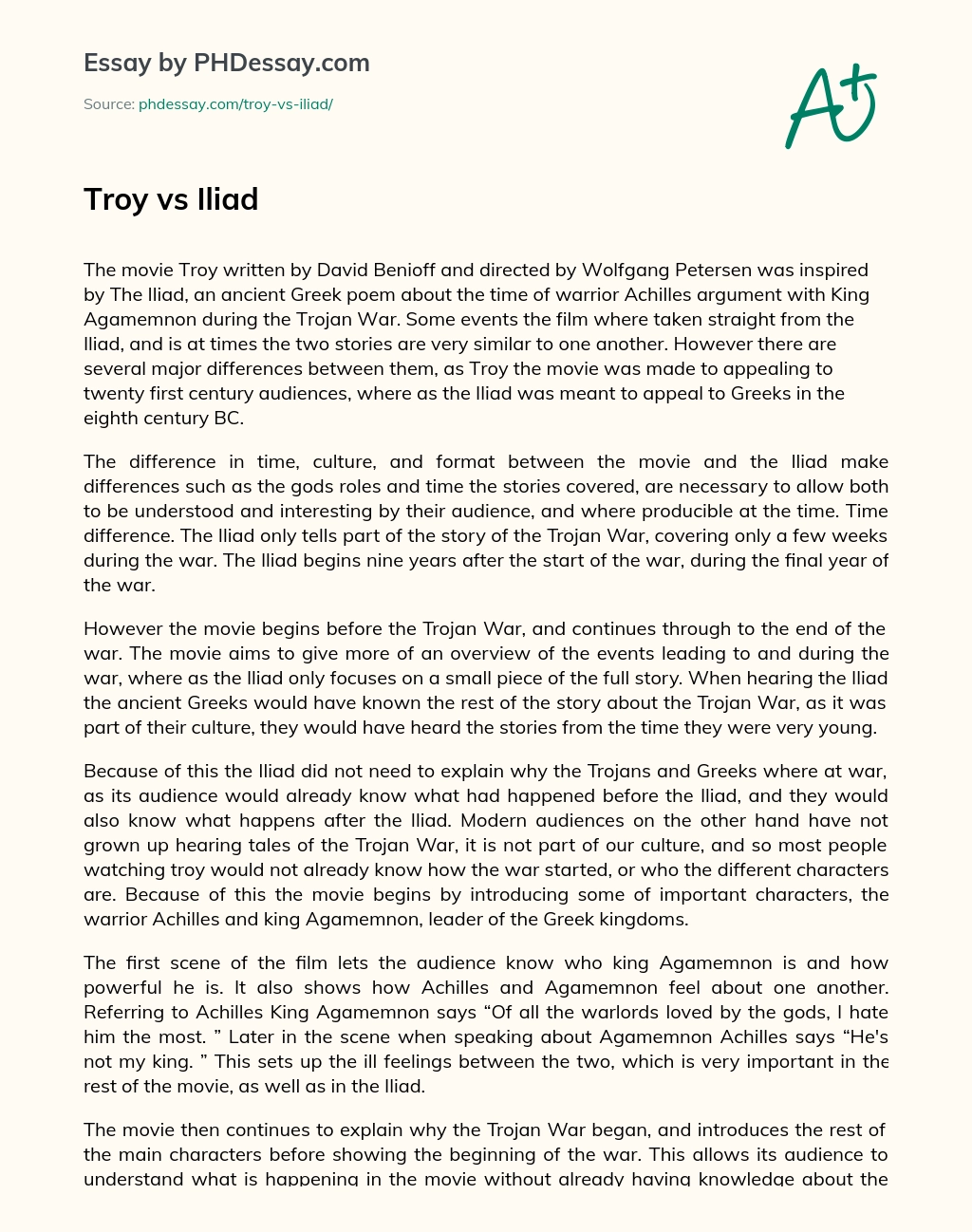 Troy vs Iliad essay