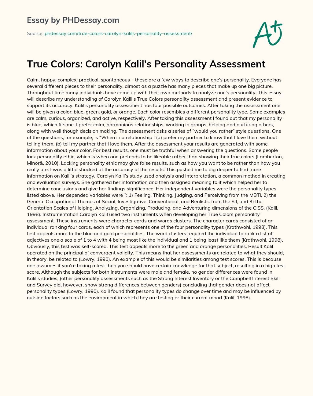 True Colors: Carolyn Kalil’s Personality Assessment essay