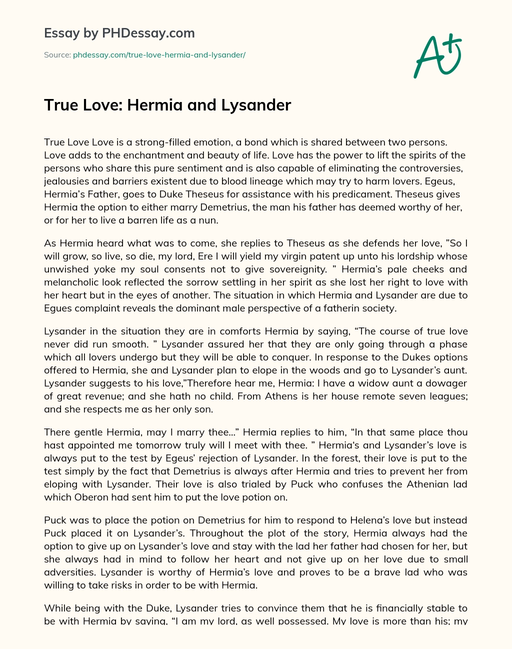 True Love: Hermia and Lysander essay