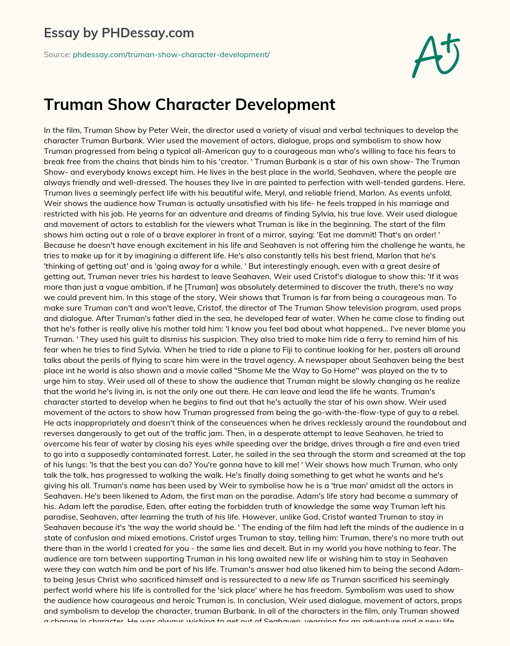 Truman Show Character Development essay