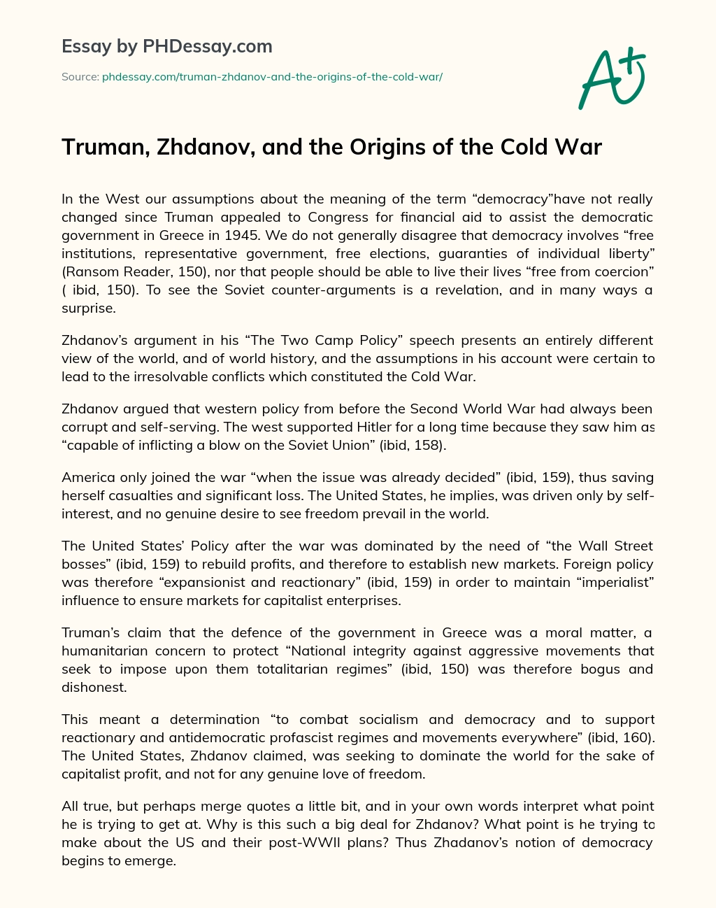Truman, Zhdanov, and the Origins of the Cold War essay