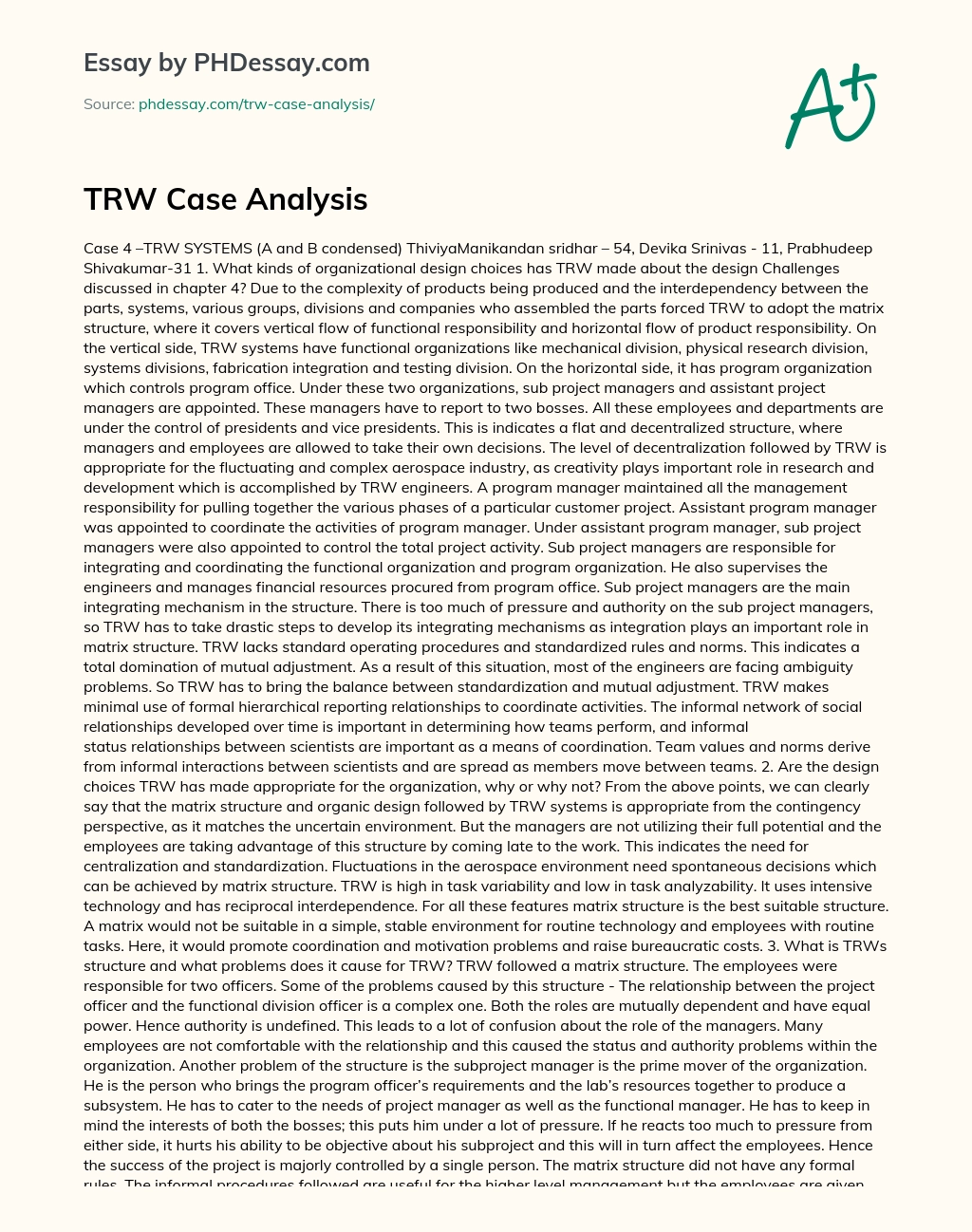 TRW Systems’ Organizational Design Choices for Complex Products essay