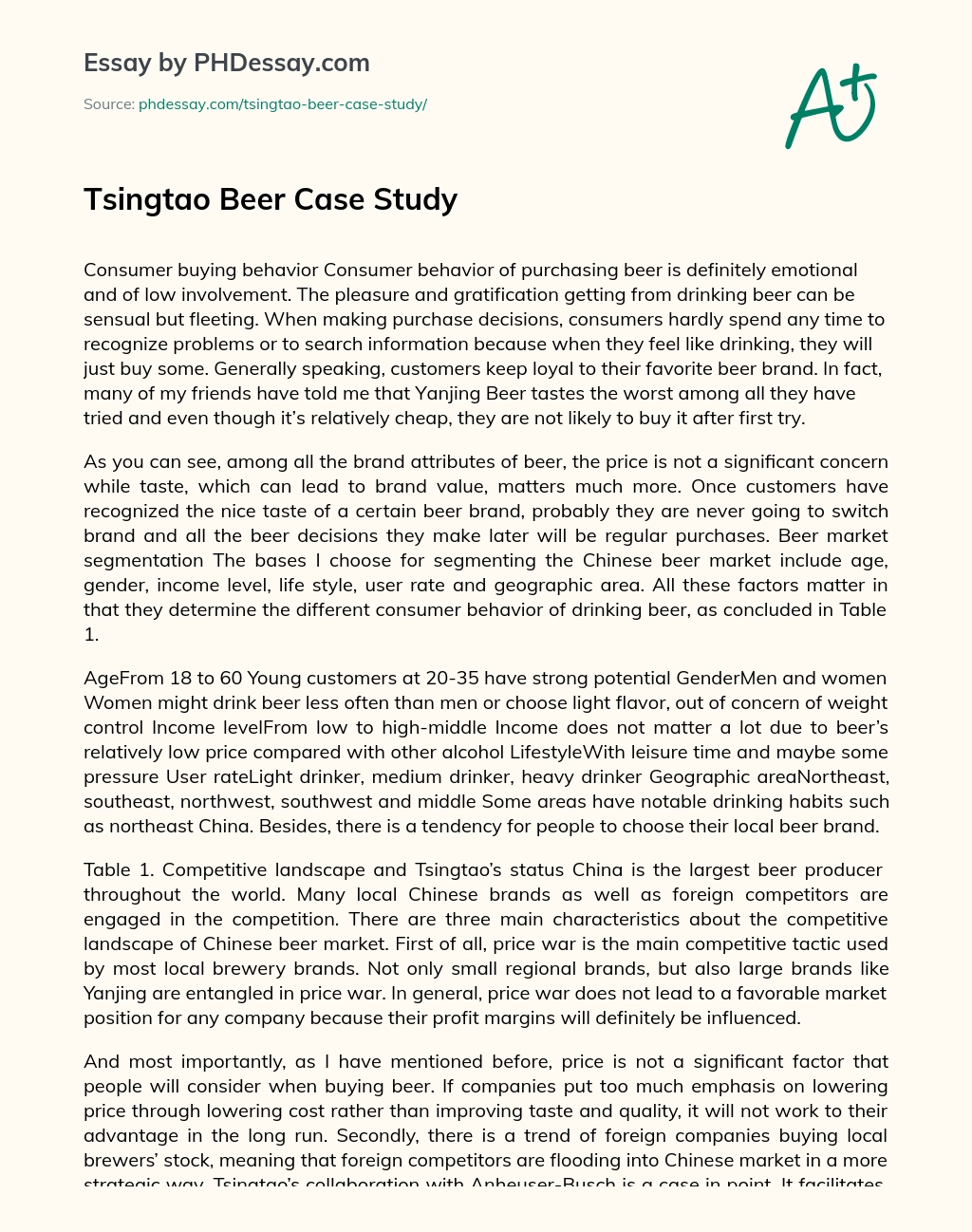 Tsingtao Beer Case Study essay