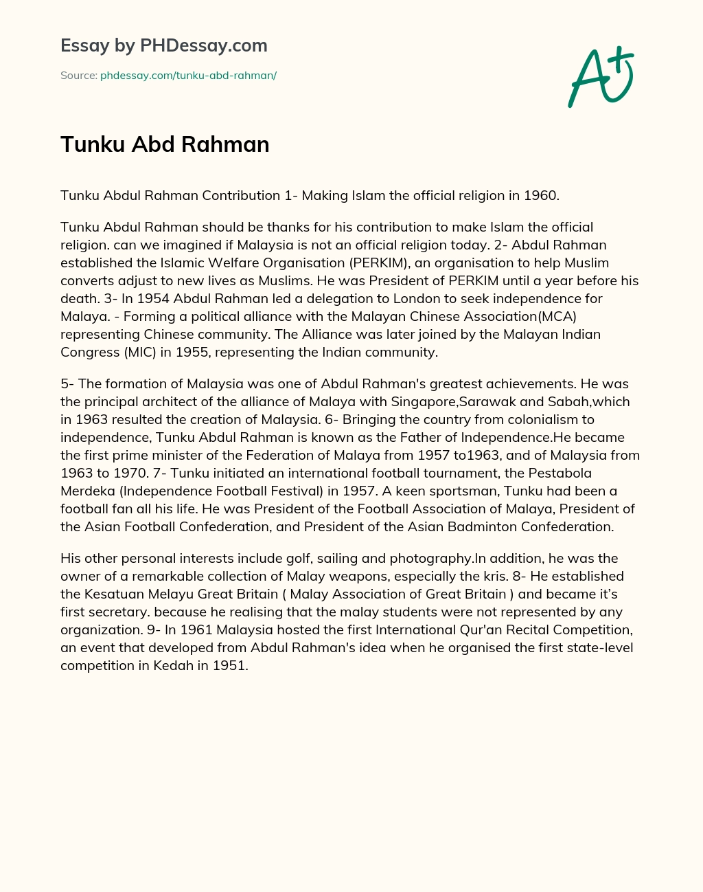 Tunku Abd Rahman essay