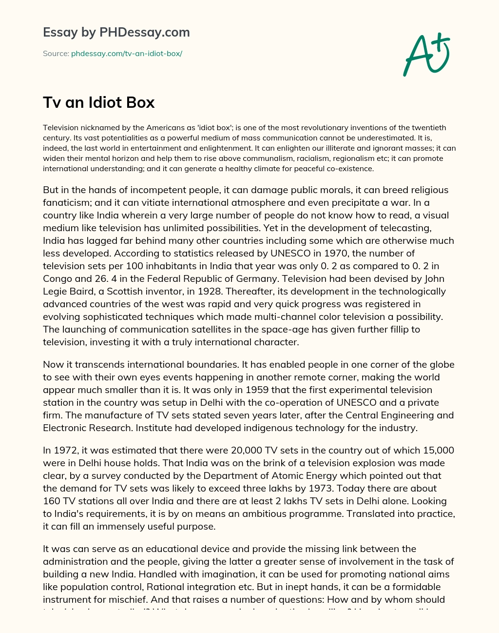 essay on tv an idiot box