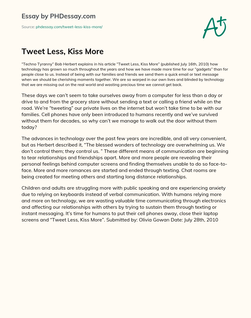 Tweet Less, Kiss More essay