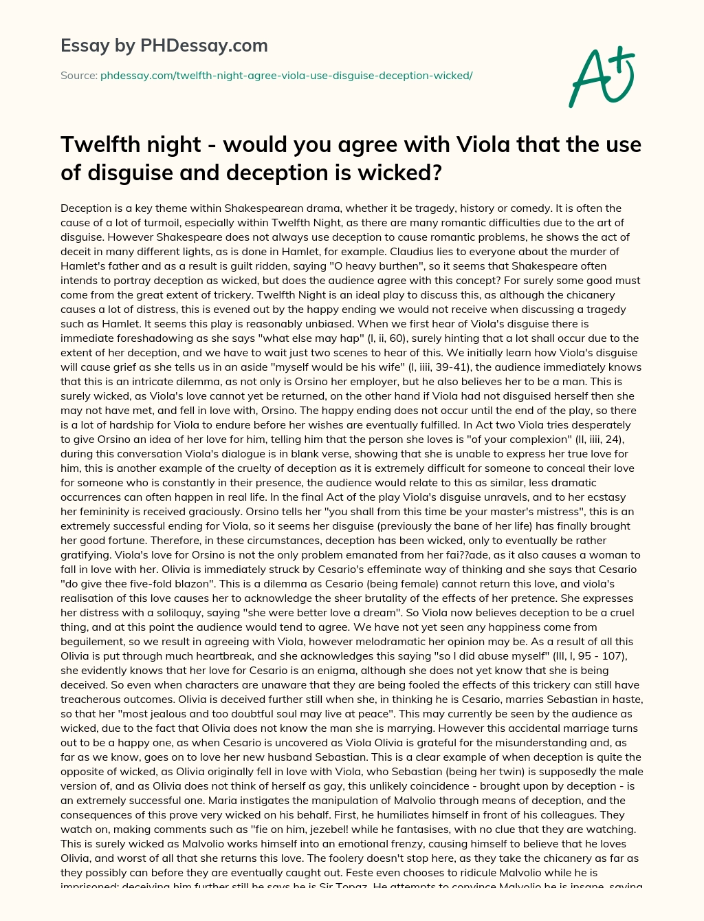 Twelfth night – would you agree with Viola that the use of disguise and deception is wicked? essay